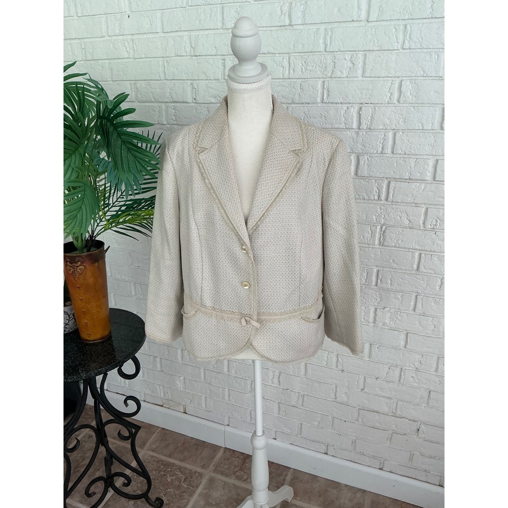Sigrid Olsen Blazer Women 14 Beige Excellent Tweed Lace Trim Metallic Silk Lined